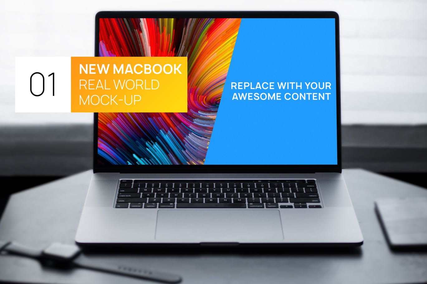 简约风格灰黑场景MacBook电脑屏幕演示样机 New MacBook Touchbar Dark Photo Real World Mock-up设计素材模板