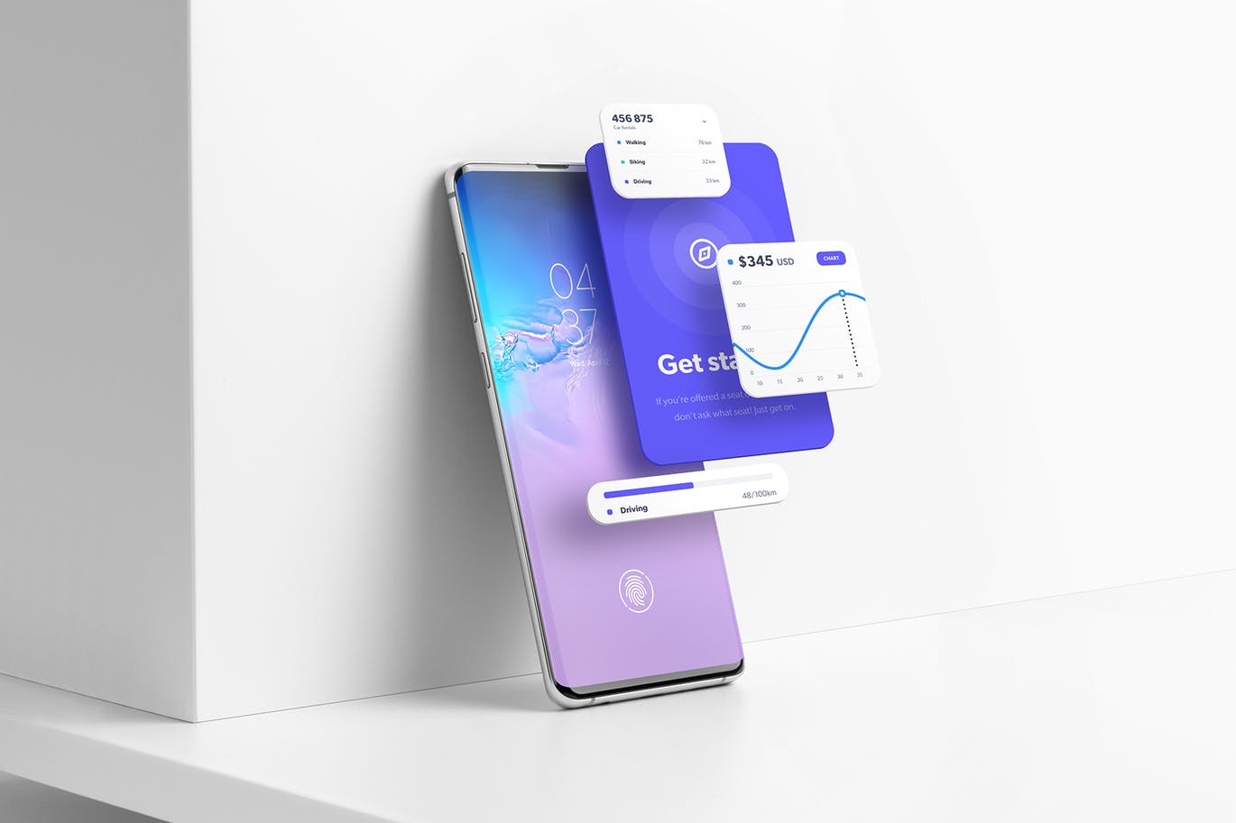 APP UI样机时尚高端3D立体Android智能手机样机三星Galaxy S10 +悬浮屏幕效果展示模型mockups设计素材模板