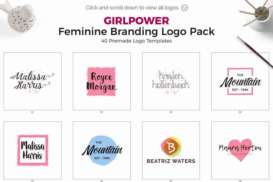 女性用品护肤品女装品牌logo设计模板 GIRLPOWER Feminine Branding Logo Set设计素材模板