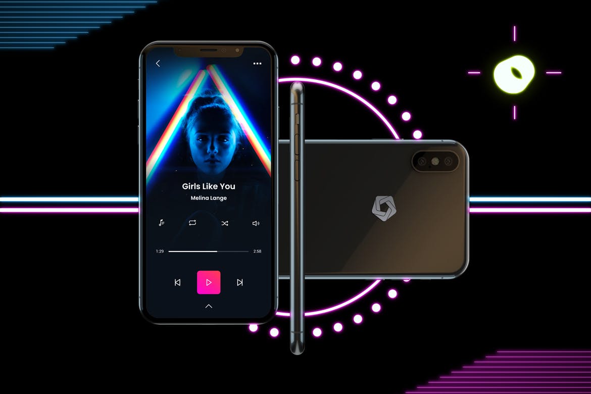UI样机高端震撼绚丽的霓虹灯氛围iPhone XS 展示模型mockups V.2设计素材模板