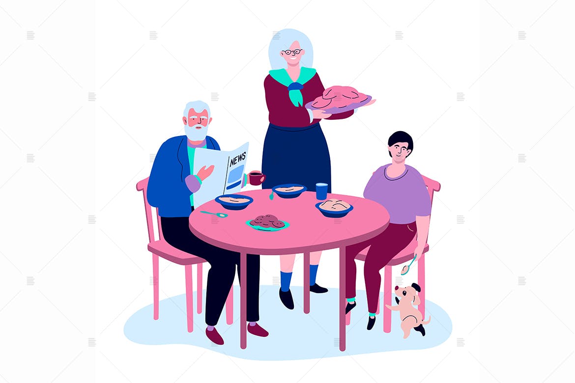 家庭聚餐-扁平设计风格矢量插画素材 Family having dinner – flat design illustration设计素材模板