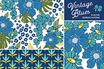 背景纹理经典几何植物花卉 Vintage Blues Floral & Geometric