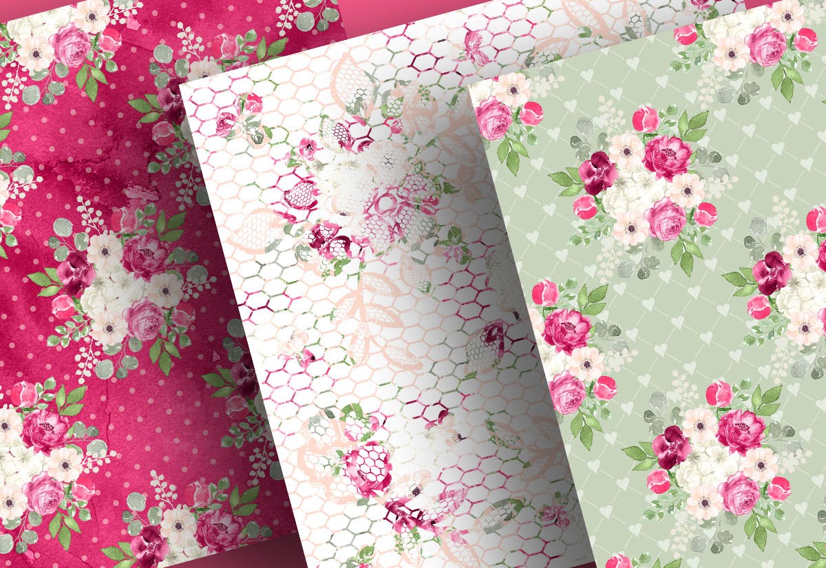 紫红色&绿色水彩手绘图案数码纸张设计素材 Watercolor Fuchsia And Green digital paper pack设计素材模板