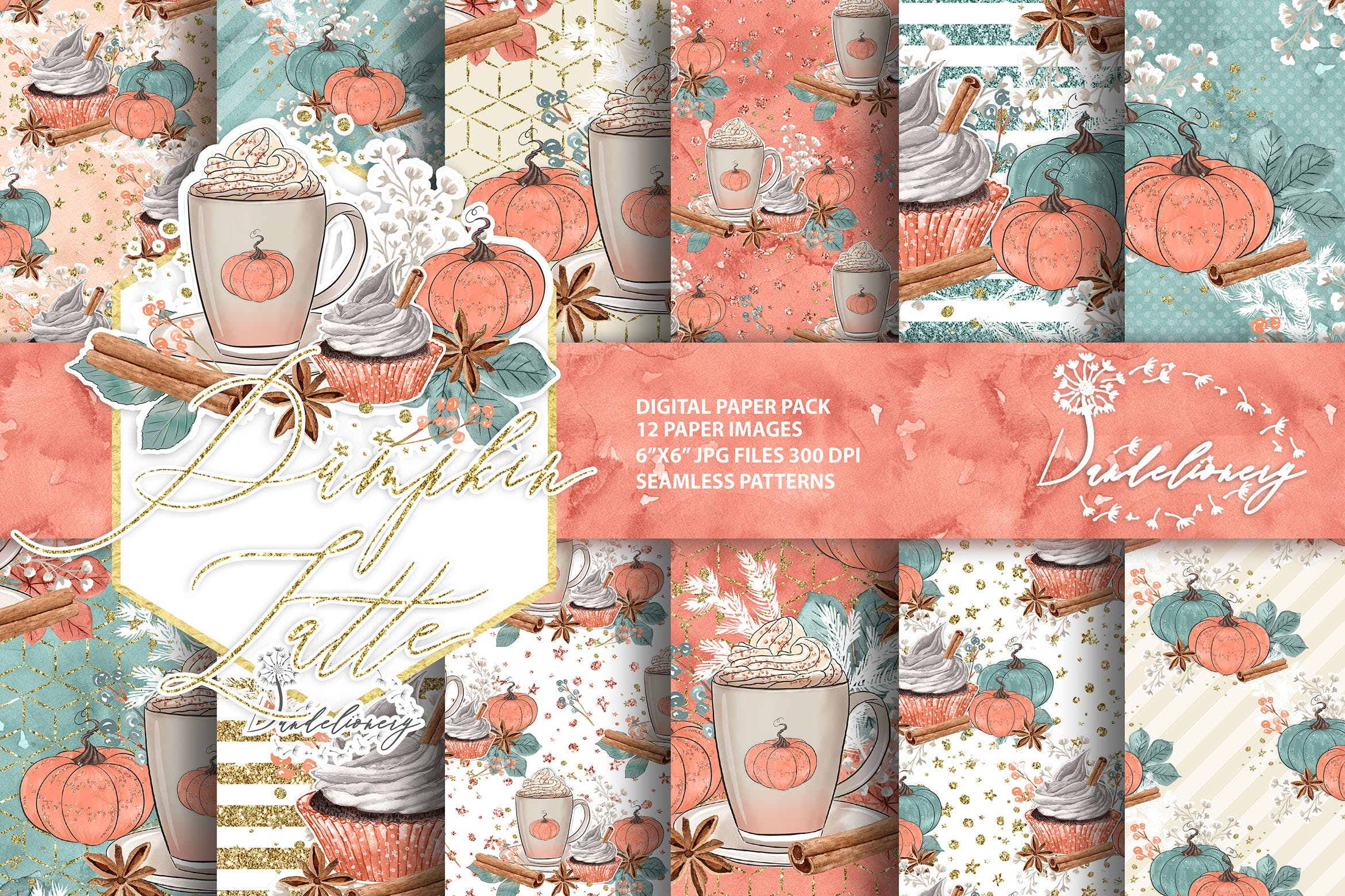 南瓜&拿铁水彩手绘图案设计素材 Pumpkin Latte digital paper pack设计素材模板