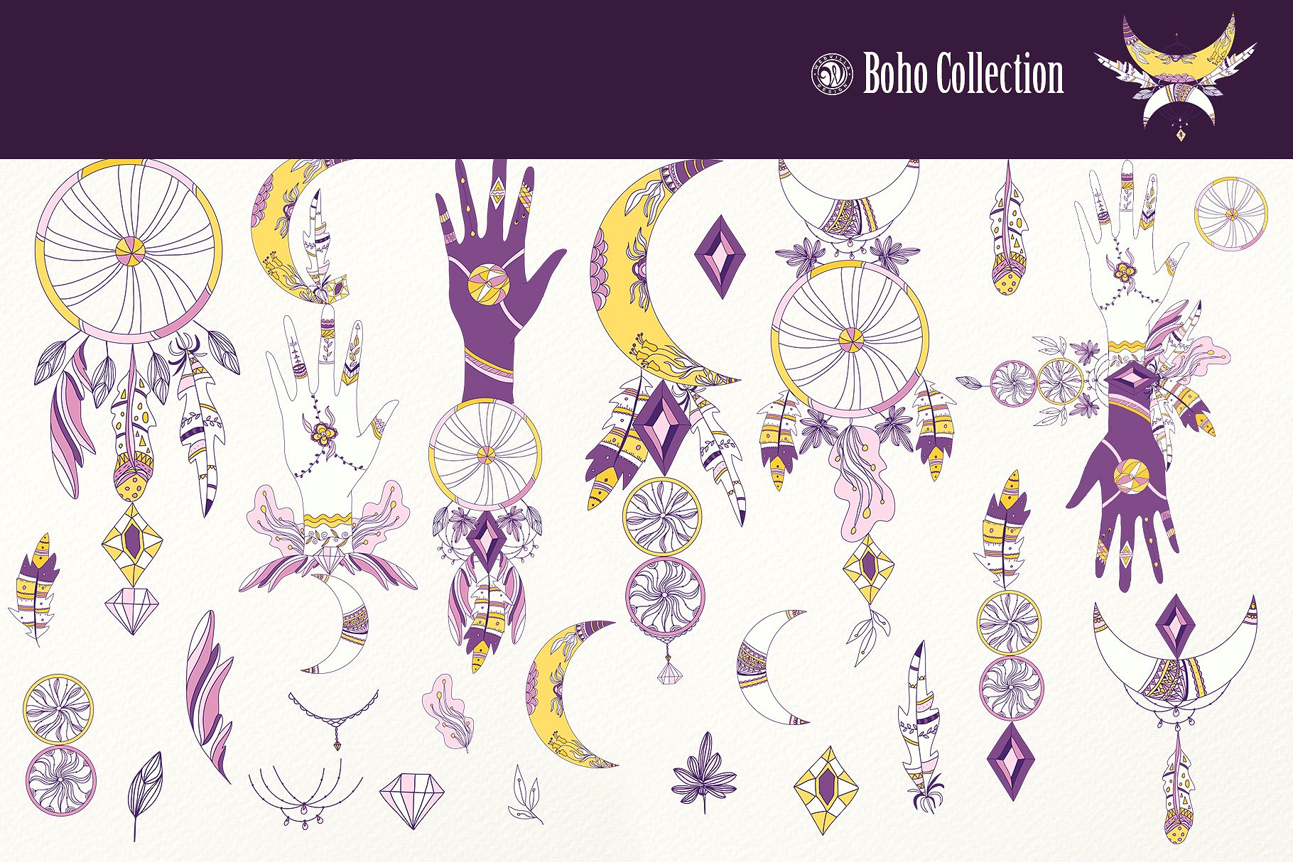 紫色波西米亚插画 Purple Boho Collection设计素材模板