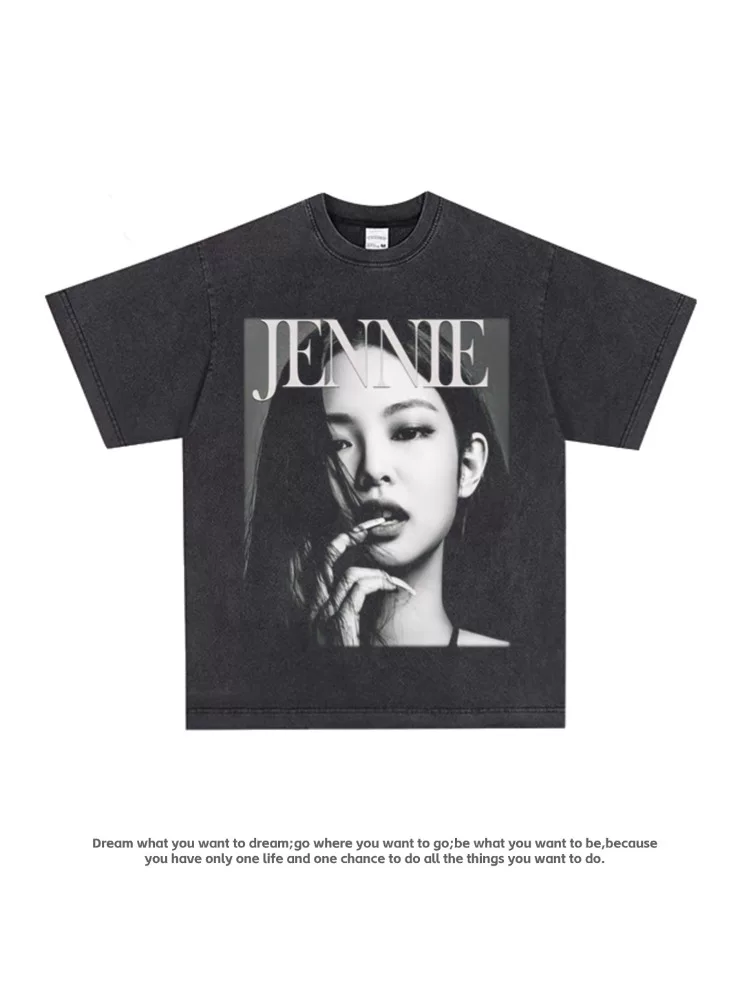 Футболка Jennie BLACKPINK, фанаты поддерживают чистый хлопок, уличный ретро американский стиль, с длинным и коротким рукавом, тренд