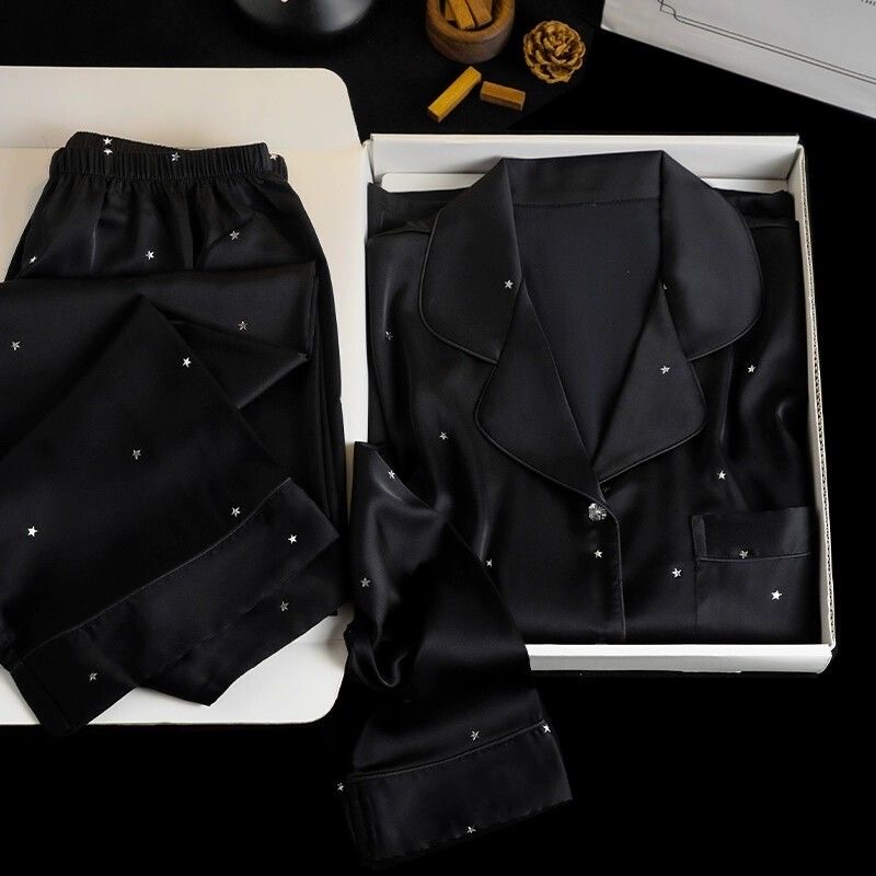 Black Star Pajamas for Women, Spring and Autumn Ice Silk Long-Sleeved Long Pants, High-End Feel, Plus Size for Chubby Women, 100kg Loungewear