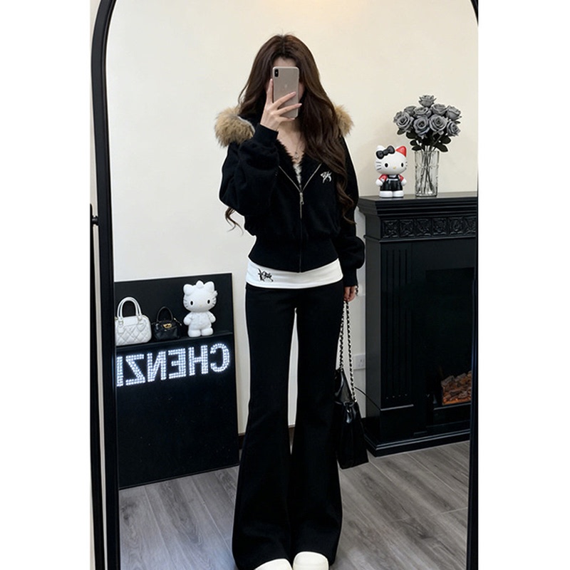 Fur Collar Hooded Short Fleece Sweatshirt Jacket and Wide-Leg Pants Two-Piece Set for Women, Autumn and Winter 2026, Super Popular and Very Stylish Outfit