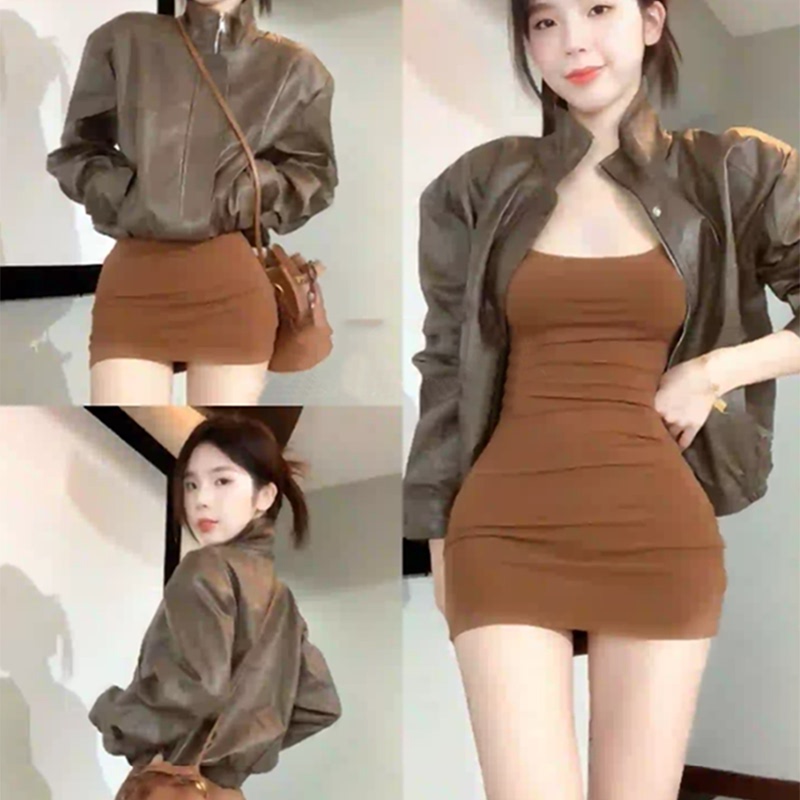Brown Pu Leather Jacket and Dress Two-Piece Set, Spring and Autumn Style, Sexy and Chic Sweet and Spicy Dress Set