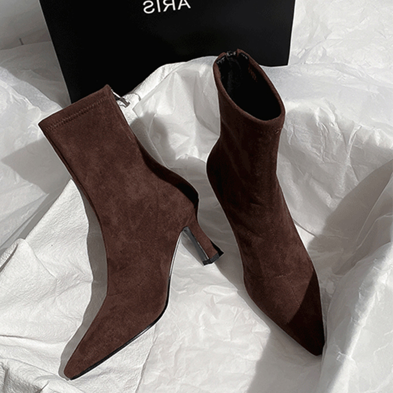 Brown Short Boots for Women, High Heels, Autumn and Winter New Style, Stiletto Heel, Suede, Back Zipper, French Style Ankle Boots, Elastic Pointed Toe Slim Boots