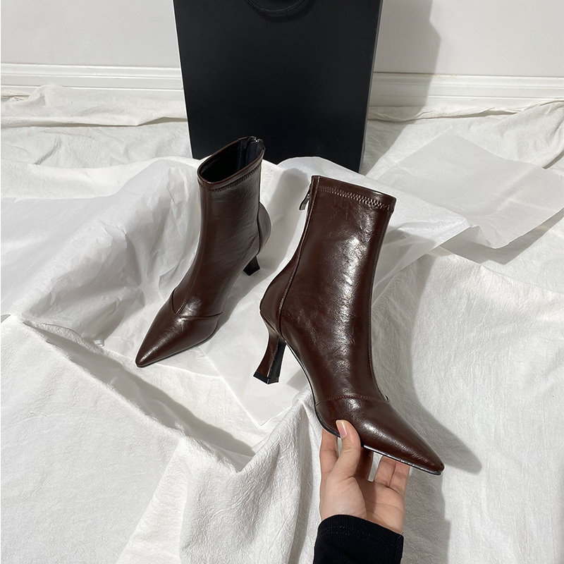 Brown Short Boots for Women, High Heels, Autumn and Winter New Style, Versatile French Ankle Boots, Fleece-Lined, Stiletto Heel, Pointed Toe, Elastic Slim Boots