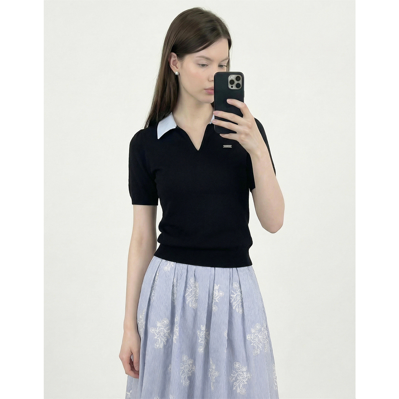 Gu Xiaonian Miu Series Color-Block Polo Collar Black Knit Short-Sleeve T-Shirt for Women, Summer Elegant Casual Top