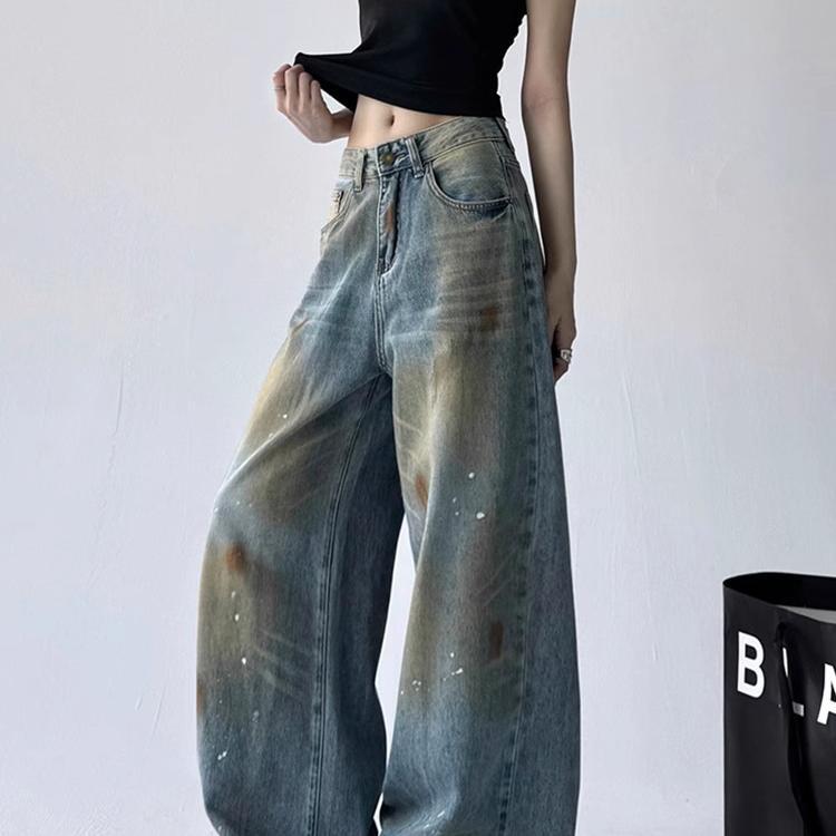 Milan Style Mdcw American Retro Tie-Dye High-Waisted Jeans for Women, Spring Loose Fit, Distressed Straight-Leg Wide-Leg Pants