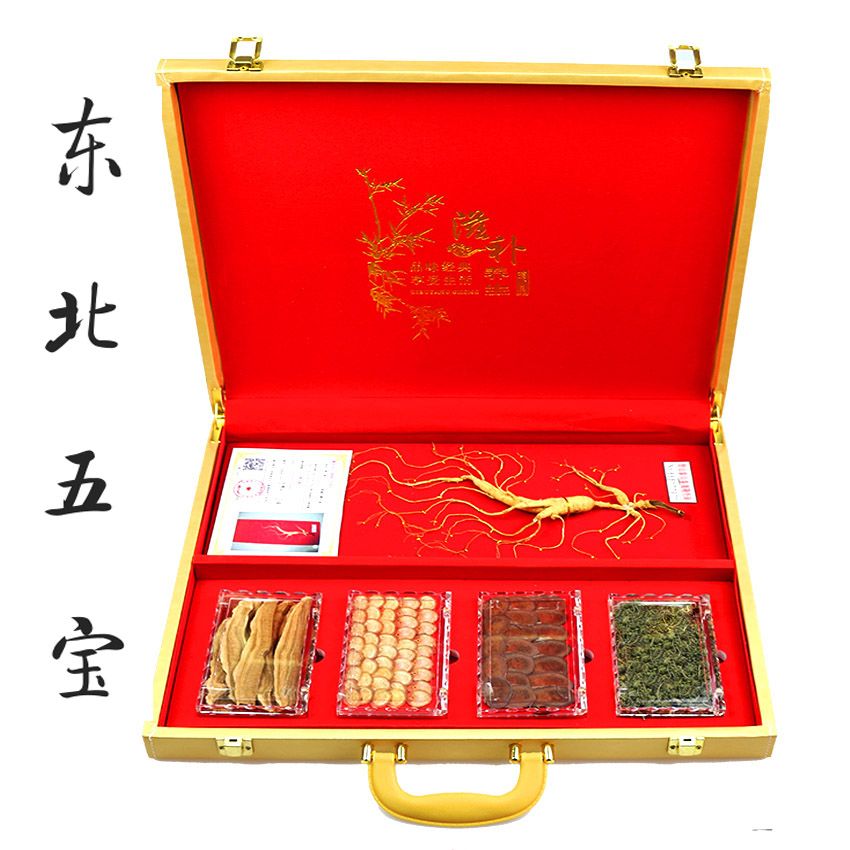 Northeast specialty Changbai Mountain ginseng five treasures deer antler deer whip ganoderma lucidum slices sparkling wine material gift gift box for elders