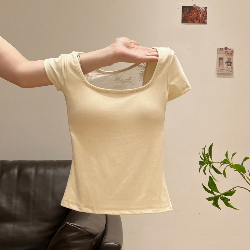 Apricot Lace Mesh Square-Neck Short-Sleeve T-Shirt with Chest Pads for Women, 2026 Summer Design, Slim Fit, Hollow-Out Top