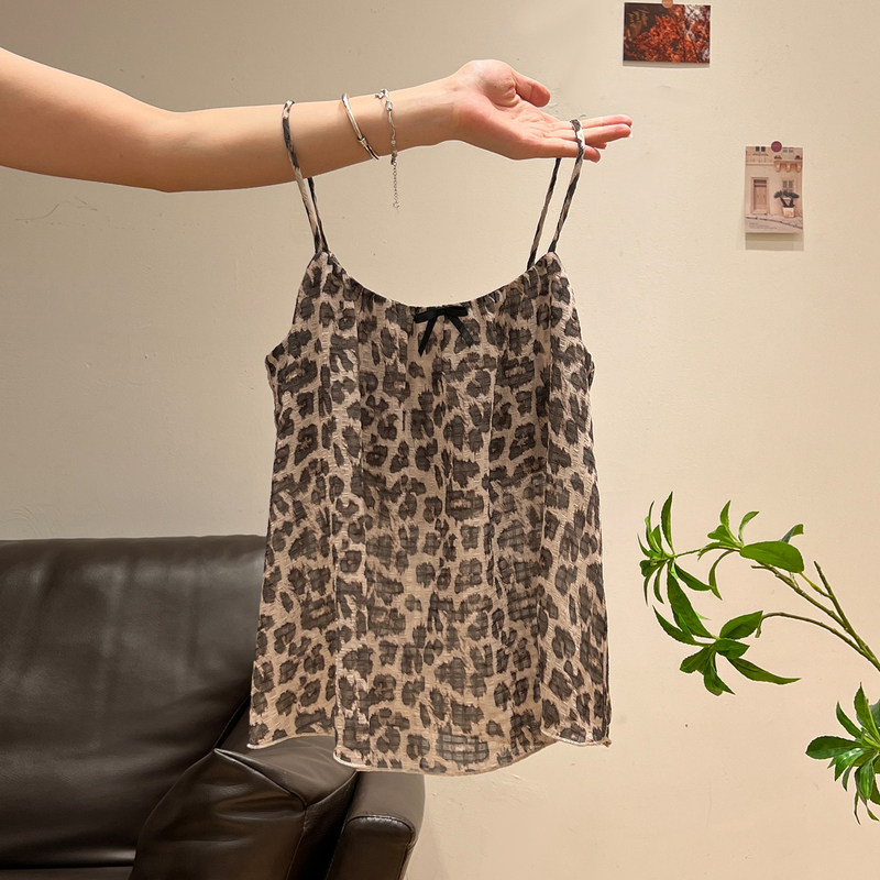 American Retro Leopard Print Bow Camisole for Women 20206 Summer Loose Slimming Sleeveless Short Top