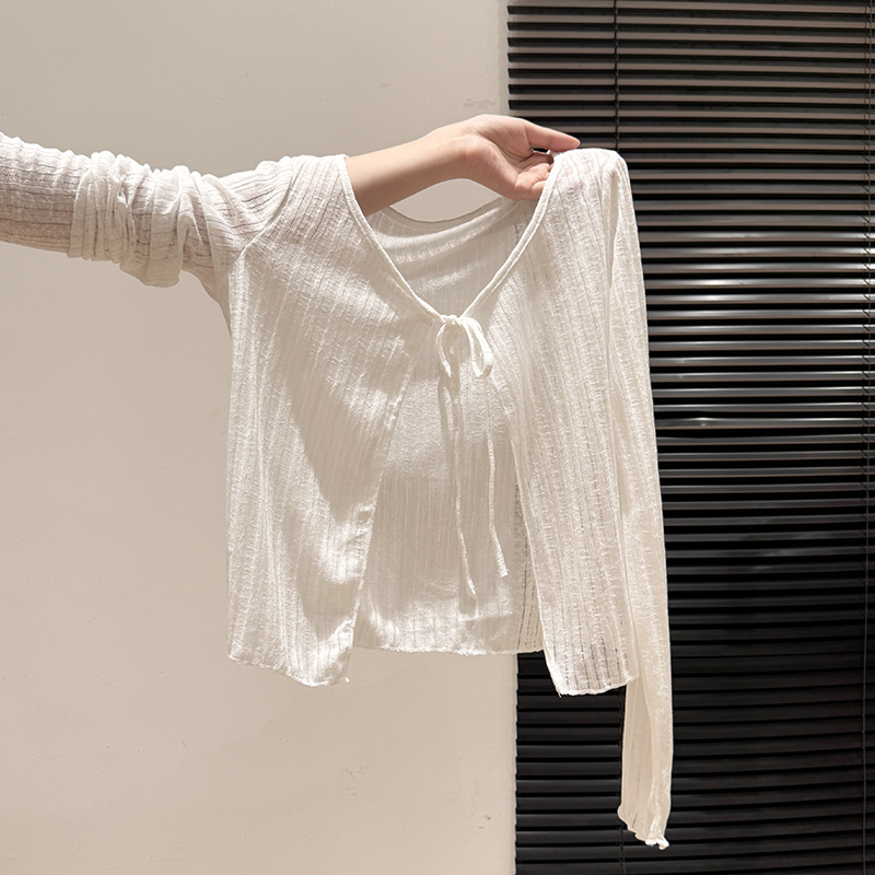 White Thin Lace-Up Knitted Sun Protection Cardigan for Women 2026 Summer Slightly Sheer Loose Shawl Small Jacket Outerwear Top