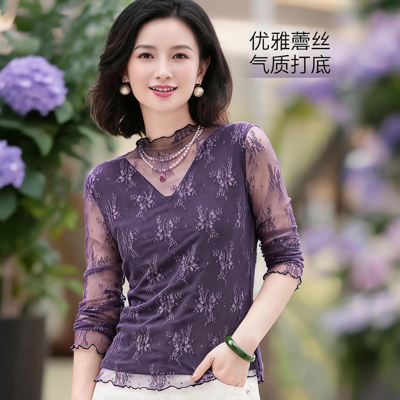 【Purple Mist Secret Realm】Korean-Style Autumn Base Layer Top with Embossed Jacquard Lace Mesh, Slimming and High-End Feel for Layering 【Purple Mist Secret Realm】Korean-Style Autumn Base Layer Top with Embossed Jacquard Lace Mesh, Slimming and High-End Feel for Layering