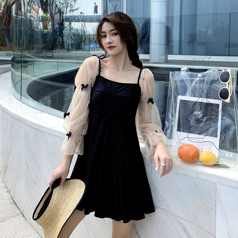 Even body-style swimsuit woman Summer Fat mm Skinny Fashion Veil long sleeve flat corner conservative adorable teenage girl with big size to cover
