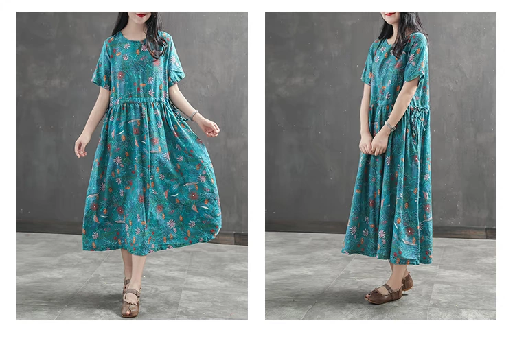 Cami mưa mới retro ramie dress ladies tie eo in khâu đoạn dài lỏng Một từ váy đầm caro chữ a
