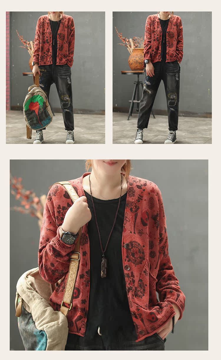 Cami mưa mới retro dệt kim cotton áo sơ mi nữ ngã vai dài tay trước ngắn dài dài áo len cardigan in lỏng mẫu áo len đẹp
