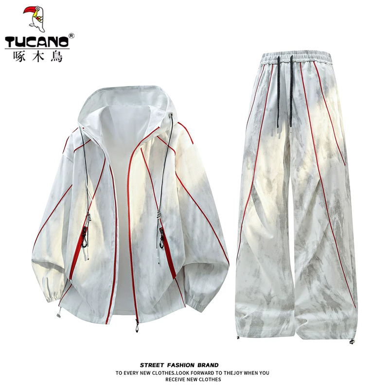 Woodpecker Casual Sports Suit for Men, New Spring and Autumn Hooded Jacket and Pants Tie-Dye Trendy Brand Two-Piece Set for Men