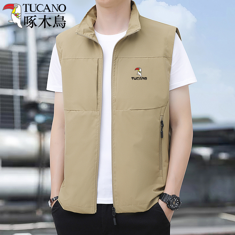 Woodpecker Men's Vest Autumn Spring Summer Thin Casual Breathable Vest Jacket Men's Stand Collar Fleece Vest Trendy