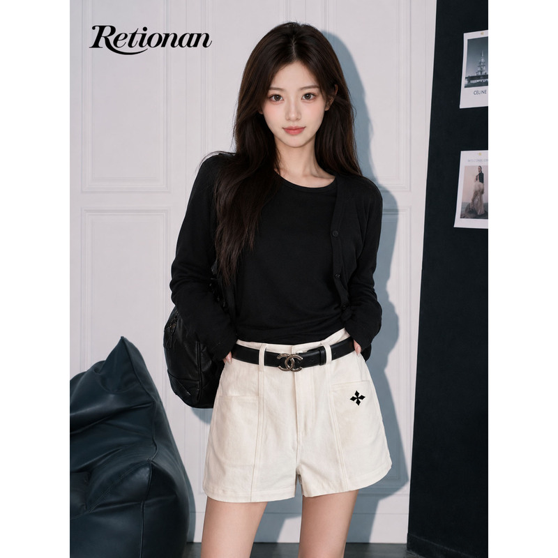 [New Arrivals of the Season] Retionan White High-Waisted Straight Denim Shorts for Women, Summer Slimming Casual Pants