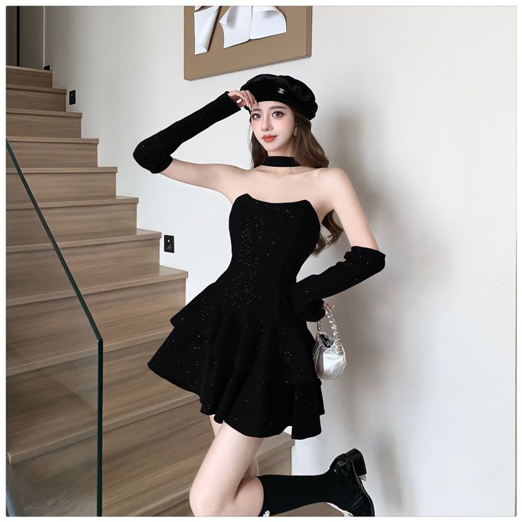 Black Birthday Party Date Mini Dress Halter Neck Dress Shiny Velvet Skirt Irregular Puffy Short Skirt