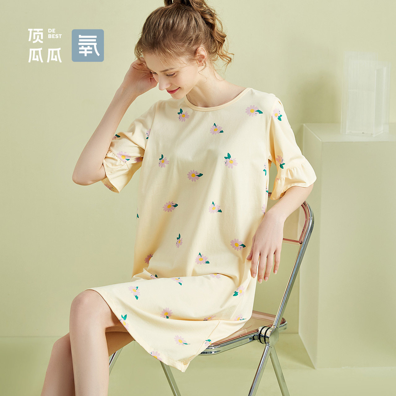 Top melon Melon Oxygen Cotton Comfort Short Sleeves Women Cute Little Flowers Sleeping Dresses Toppall Cotton Printed Horn Cuff Home Clothes