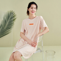 Top melon 21 year summer new oxygen cotton striped nightgown women short sleeve comfortable cotton home wear