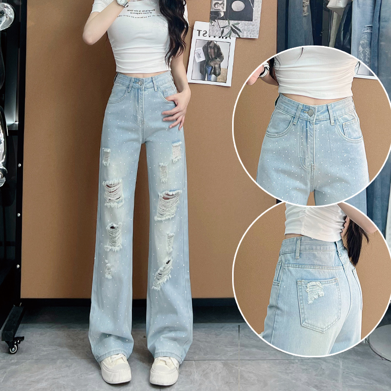 Ripped Straight-Leg Jeans for Women, Spring/Summer Thin Style, 2026 New Model, Slimming Wide-Leg Loose Fit with Rhinestone Design Pants