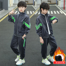 2022 autumn and winter new big boy foreign style boy gold velvet suit childrens clothing ribbon stitching two-piece tide brand