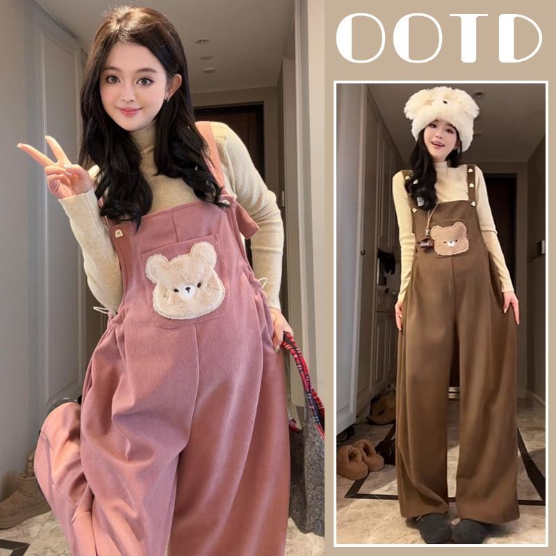 Maternity Wear 2026 Spring and Autumn New Style, Stylish and Age-Reducing Cartoon Wide-Leg Pants Overalls, Loose Large Size Slimming Two-Piece Set