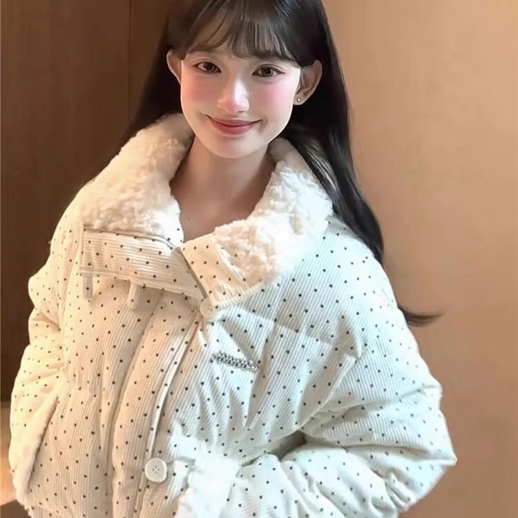 Corduroy Polka Dot down Cotton Jacket for Women 2026 Winter New Thickened Loose Lamb Wool Collar Puffer Short Coat