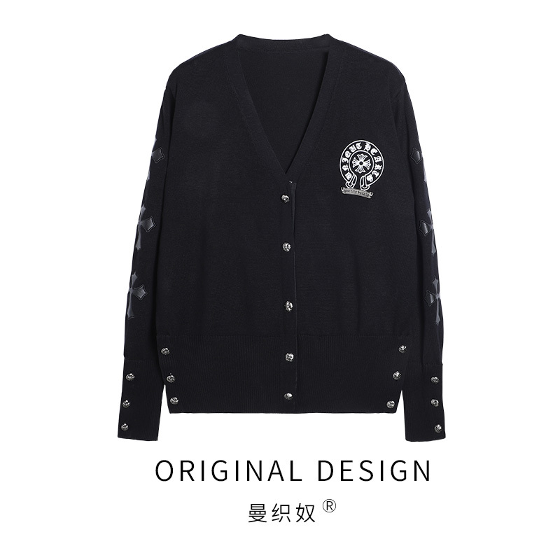 Black Trendy Spring and Autumn New Design Cross Print Long-Sleeve Knit Cardigan Sweater for Women Niche Style