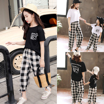 Hong Kong girls summer dress new pro-submount pure cotton printed short sleeve T-shirt Plaid Pants Two Sets Mother Womens Dress Suit