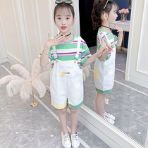 Girls summer loaded back with pants suit 2022 new Korean version CUHK Boy trendy little girl striped T-shirt Two sets