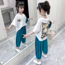 Hong Kong girls  sports suit 2021 new middle and large childrens summer Korean version of the Western style thin section of the childrens set of the first two sets