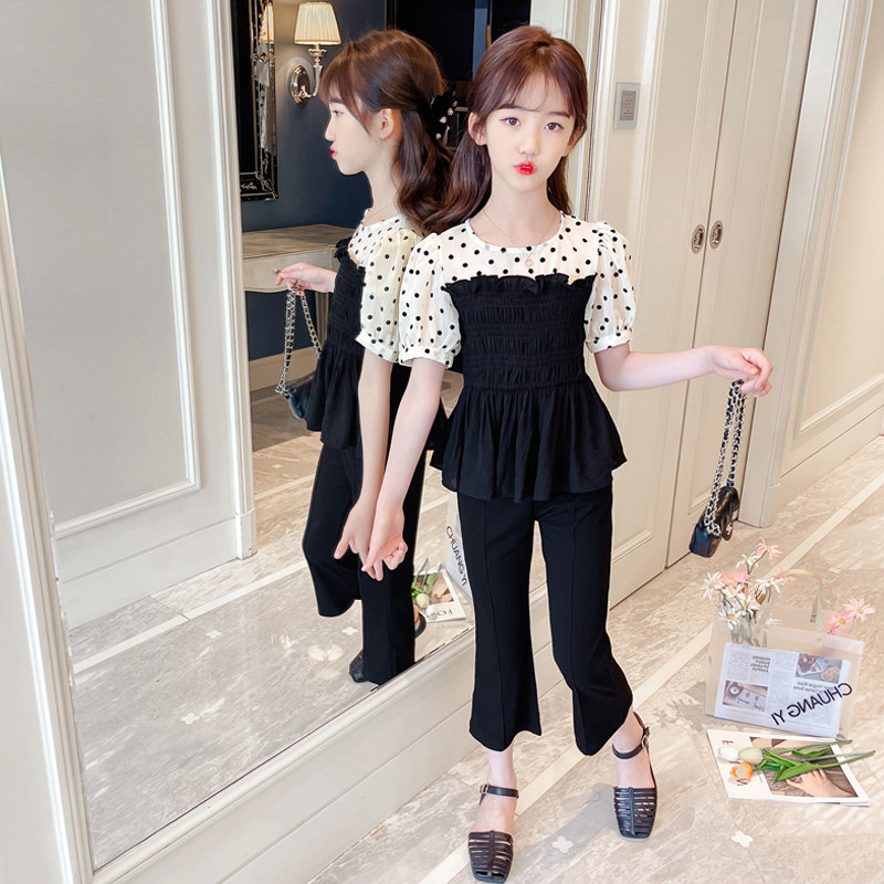 Girl's summer dress new suit Korean version of the Korean version Short sleeve snow-spinning shirt CUHK Scout Trendy Net Red Horn Pants Two Sets