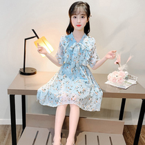 Girls Summer Snow spinning Liandress 2022 New Korean version Short sleeves Children Broken Flowers Skirt Ocean Butterfly Knot Princess Dress