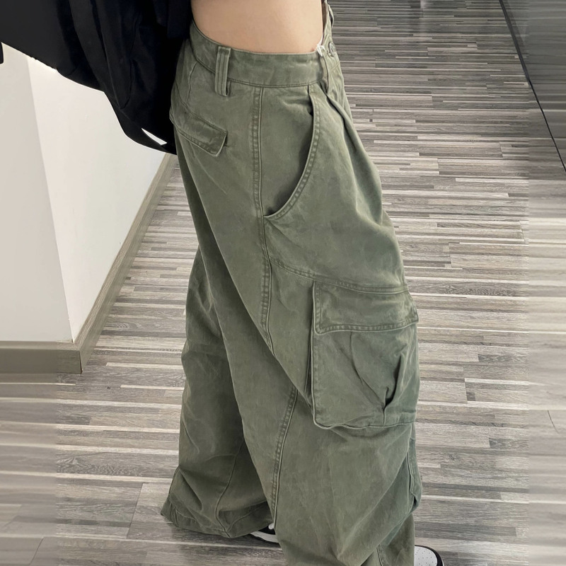Hanbao Hamburger American Retro Washed Distressed Multi-Pocket Cargo Pants Women's Wide-Leg Loose Straight Versatile Long Pants