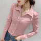 2020 new autumn and winter fashion solid color long-sleeved shirt women's design sense niche temperament wrinkled POLO collar shirt trend