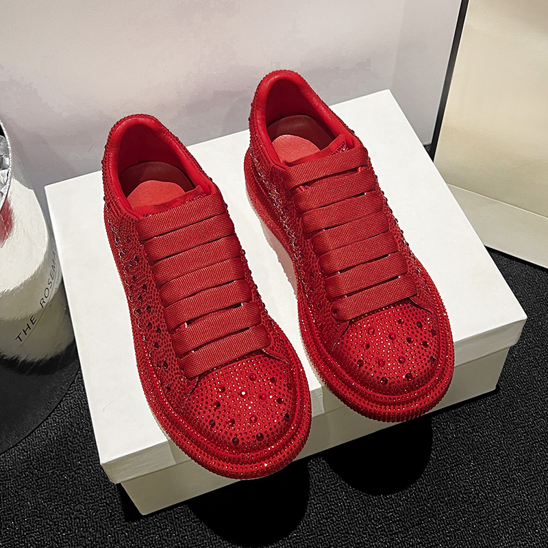 2026 New Popular Women's Shoes, Red Full Rhinestone Wedding Shoes, Slimming Thick-Soled Waterproof Platform Height-Increasing Sports Casual Shoes