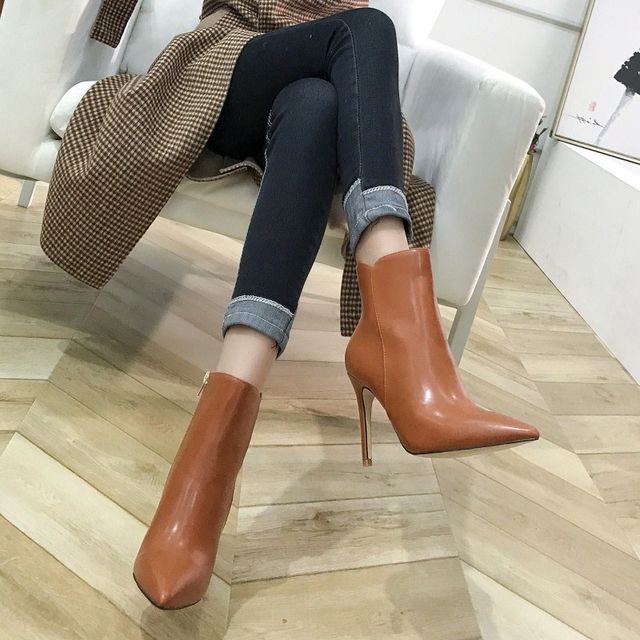 2023 winter new style side zipper and bare boots pointed toe high heel short boots women's thin heel slim martin boots plus velvet women's boots