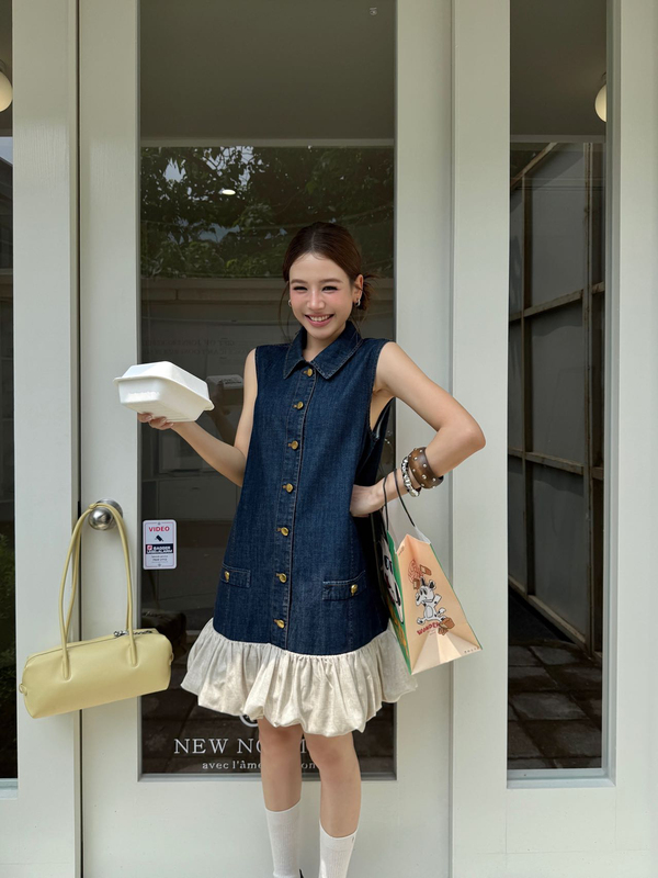 Pink2026 New Summer Fashion Design Niche Retro Patchwork Ruffled Sleeveless Denim Dress for Women