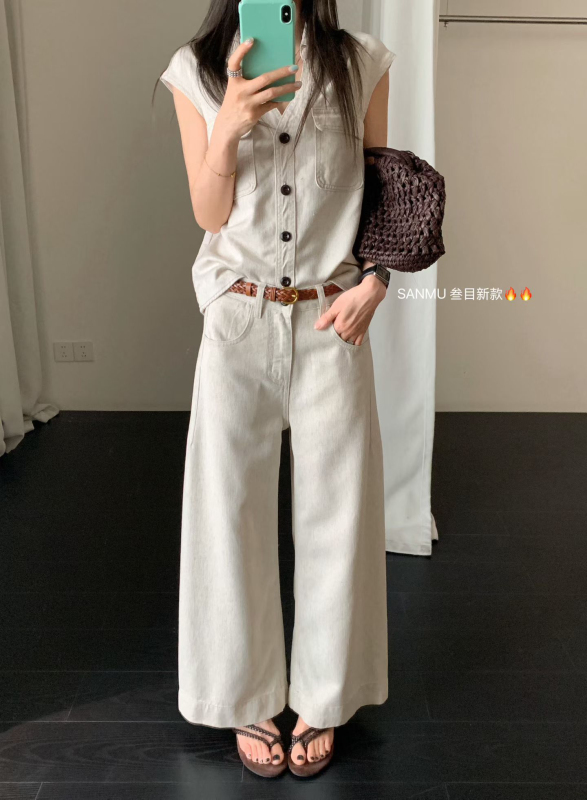 Sanmu2026 Summer New Fashion Double Pocket Design Vest Sleeveless V-Neck Shirt Top 66567