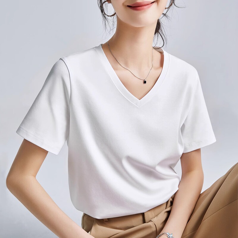 High-End Mercerized Cotton Short-Sleeved T-Shirt for Women, White V-Neck Top, Summer 2026 New Style, Regular Shoulder T-Shirt, Base Layer Shirt