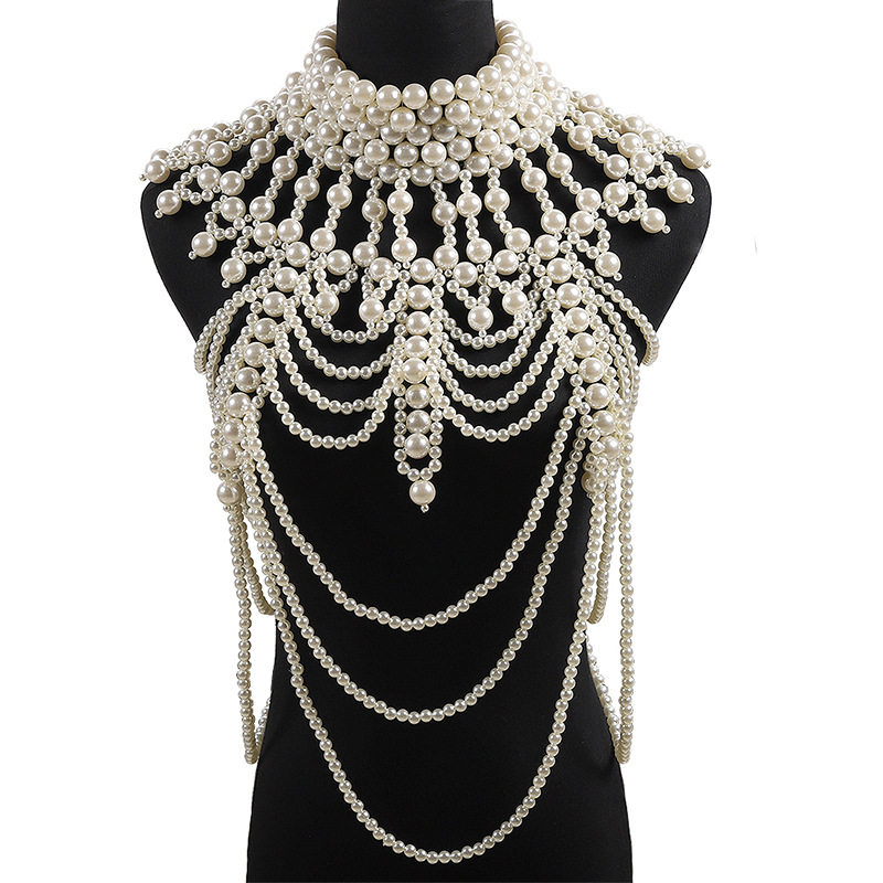 Pearl Shawl Body Chain Luxury Handmade Beaded Pearl Vest Camisole Dress Large Necklace Costume