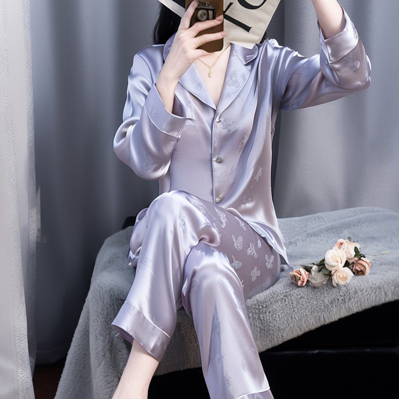 Victoria Jacquard Pajamas Mulberry Silk Women's Spring and Autumn Long-Sleeved Suit Purple High-End Silk Home Wear